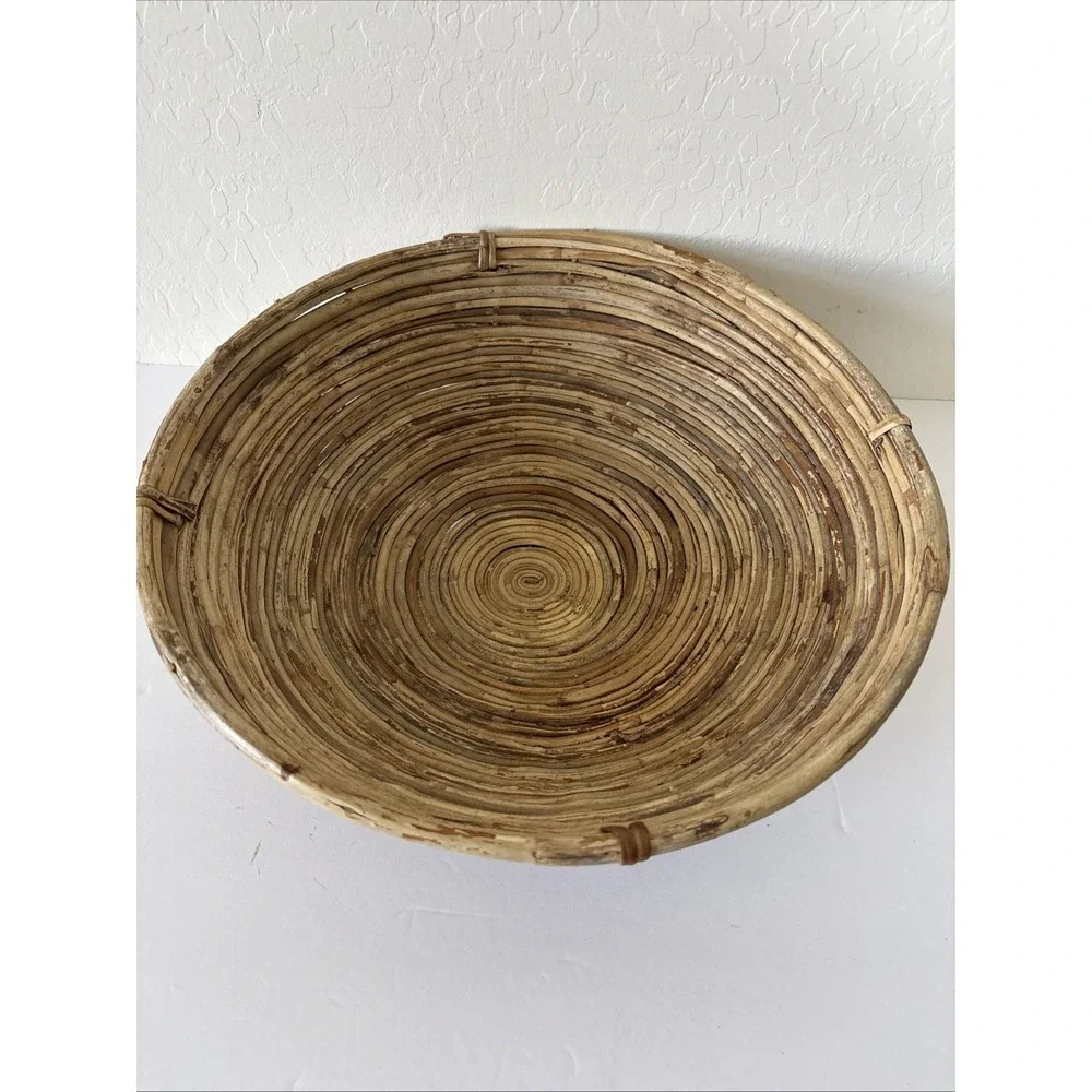 Vintage 60s MCM Pencil Reed Bamboo Rattan Bowl Basket Large